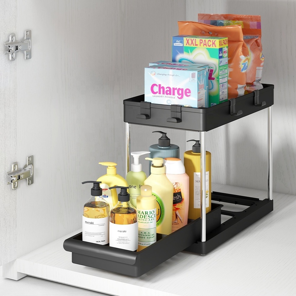 New Multifunctional 2 Tier Sliding Drawer Basket Undersink Storage Rack Shelf Kitchen Bedroom Under Sink Organizer