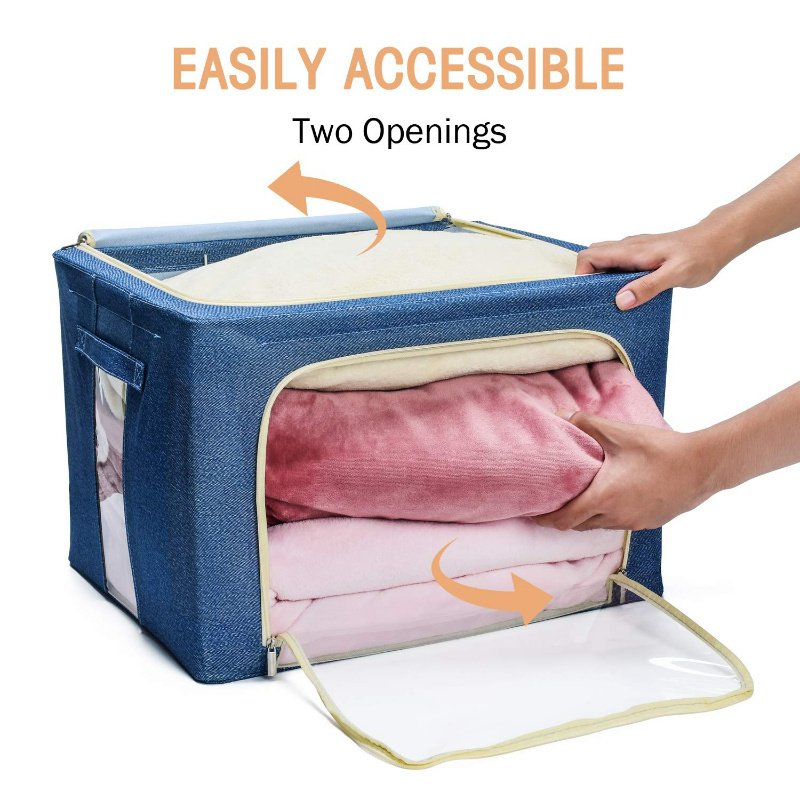 3 PCs Durable Handles Solid Bottom Stackable Storage Boxes/Containers Sturdy Storage Bags with Metal Frame for Clothes Bedding