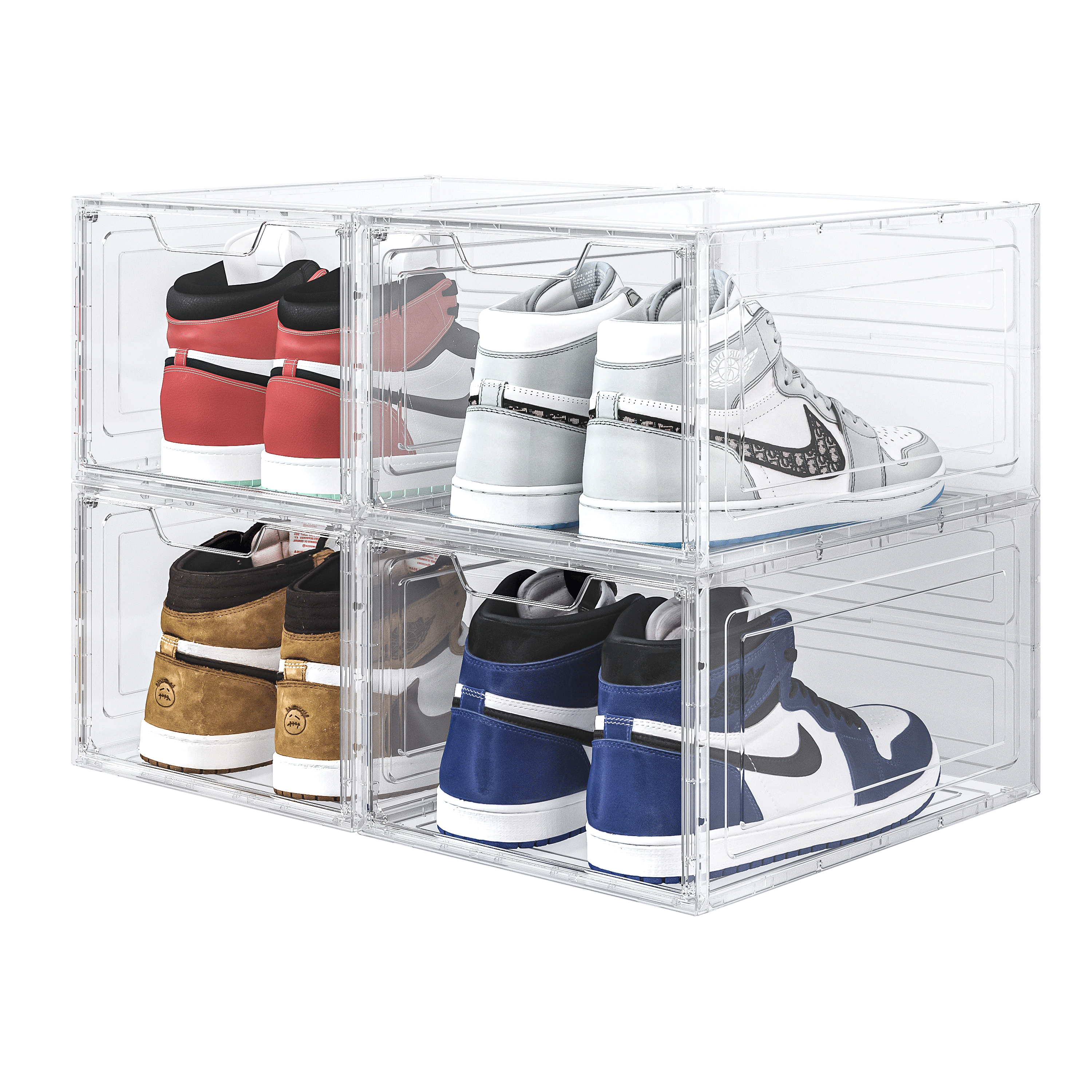 Magnetic Drop Front Open Stackable Shoe Box Folding Clear Display Shoe Storage Box For Organize Basketball Sports Shoe