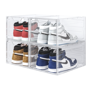 Magnetic Drop Front Open Stackable Shoe Box Folding Clear Display Shoe Storage Box For Organize Basketball Sports Shoe