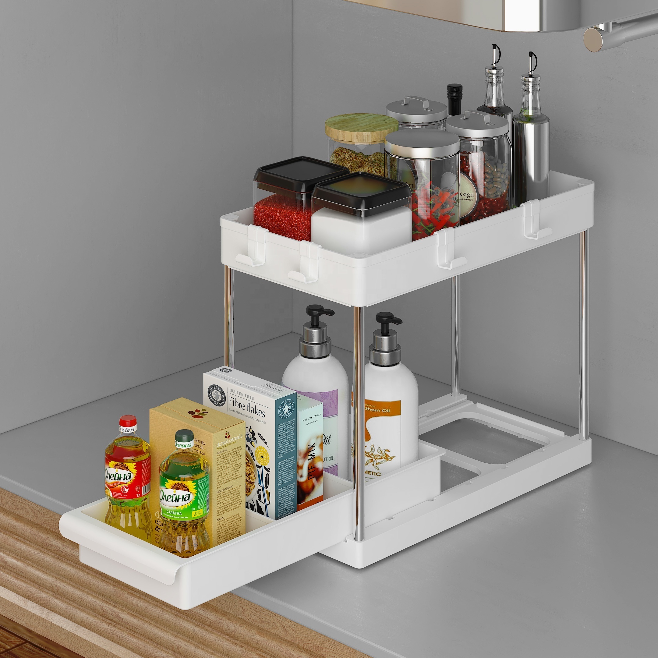 Storage Pull Out Sliding Drawers 2 Tier Under-Sink Organizers with Sliding Drawer Under Sink Organizers