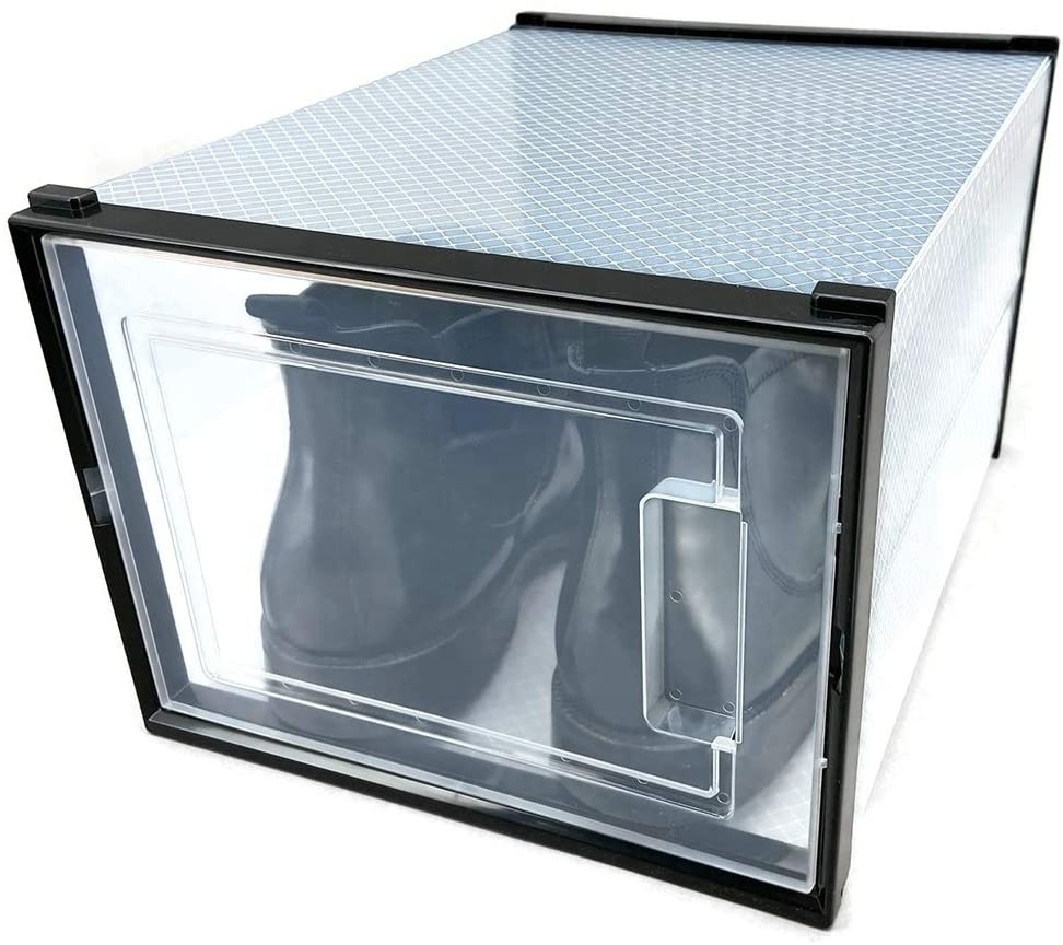 Free sample hot selling clear plastic large drop front shoe box black ...