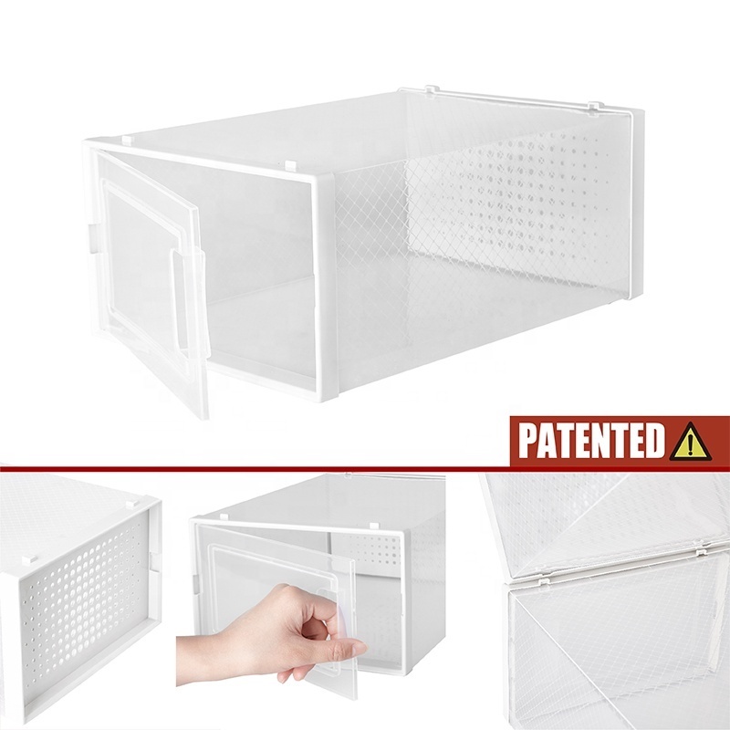 Foldable clear transparent hard plastic shoe storage box drop front plastic shoe organizer