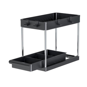 New Design Black Metal Wire 2-Tier Bathroom Kitchen Cabinet Under Sink Organizer with Sliding Basket