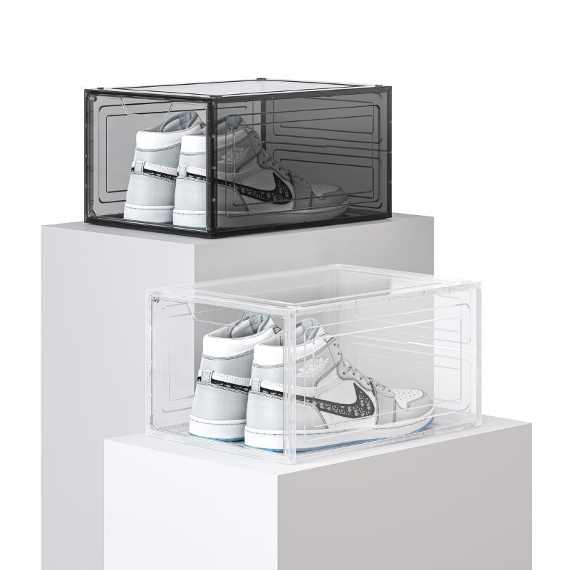 Stackable Clear Acrylic Shoe Container Black Transparent Drop Front Storage Box With Magnetic Latch Shoe Organiser