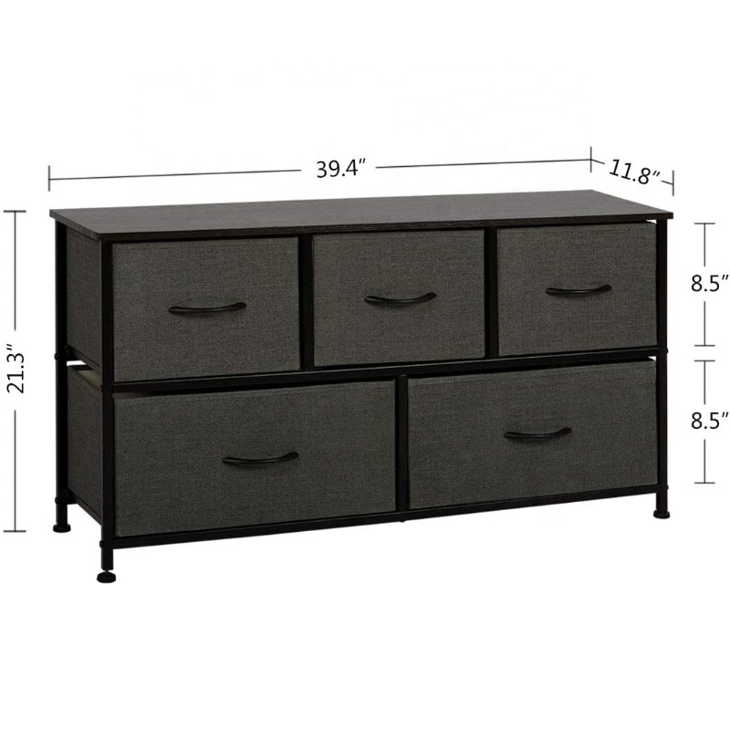 Wide Dresser Storage Tower with 5 Foldable Easy Pull Fabric Bins Organizer Unit Living Room Dresser