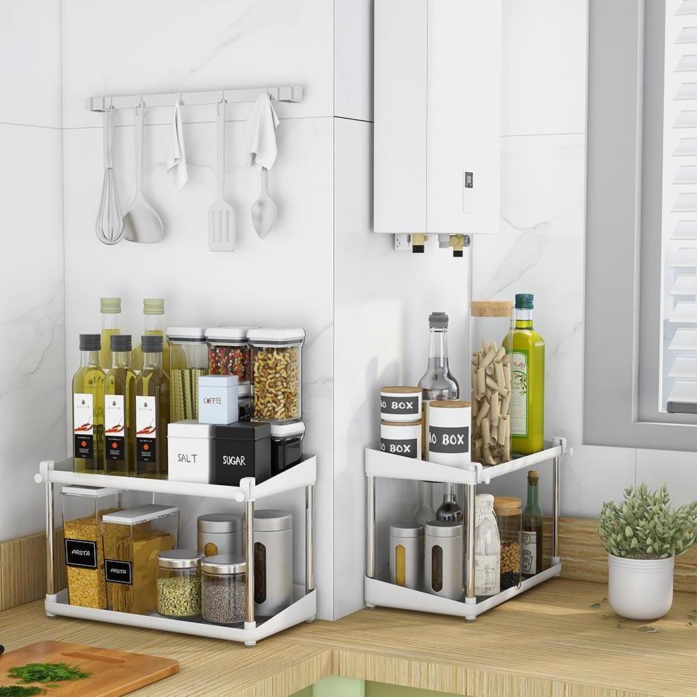 Deft design Kitchen Cabinet Storage Rack Kitchen 2 Pack Under Sink Organizer Plastic Storage Rack Organizer Storage Racks