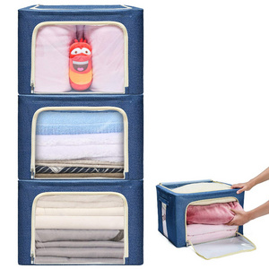 3 PCs Durable Handles Solid Bottom Stackable Storage Boxes/Containers Sturdy Storage Bags with Metal Frame for Clothes Bedding