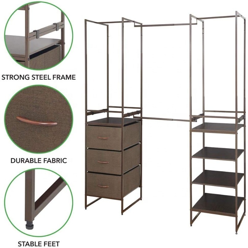 Free-Standing Closet Organizer Clothes Rack with 4 Shelves and Hanging Bar Closet Wardrobe