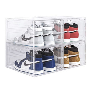 Stackable Clear Pet Acrylic Shoe Organizer Bins Magnetic Drop Front Open Sneaker Shoe Storage Box For Men's Lady's Shoes