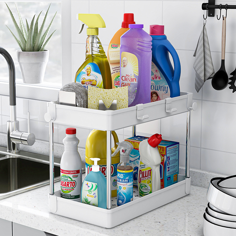 Home Kitchen Storage Shelf Holder Container Storage Cart 2 Tier Plastic Under Sink Organizer Rack