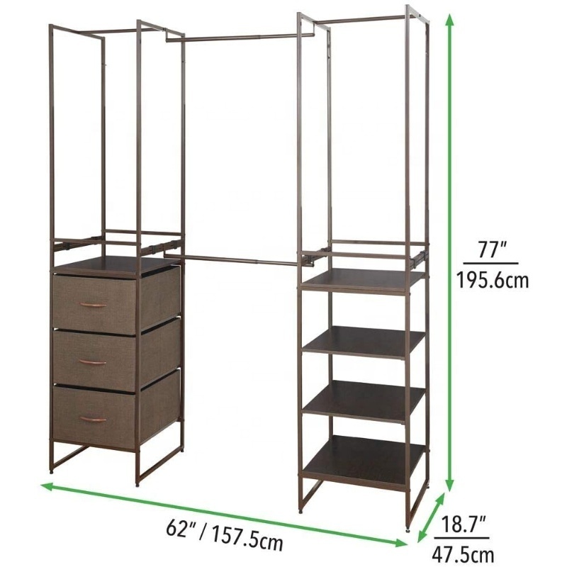 Free-Standing Closet Organizer Clothes Rack with 4 Shelves and Hanging Bar Closet Wardrobe