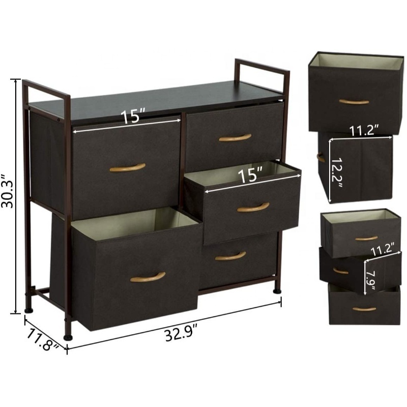 Star Creation Dresser Organizer with 5 Drawers, Fabric Dressers Storage Tower Wood Top & Handles