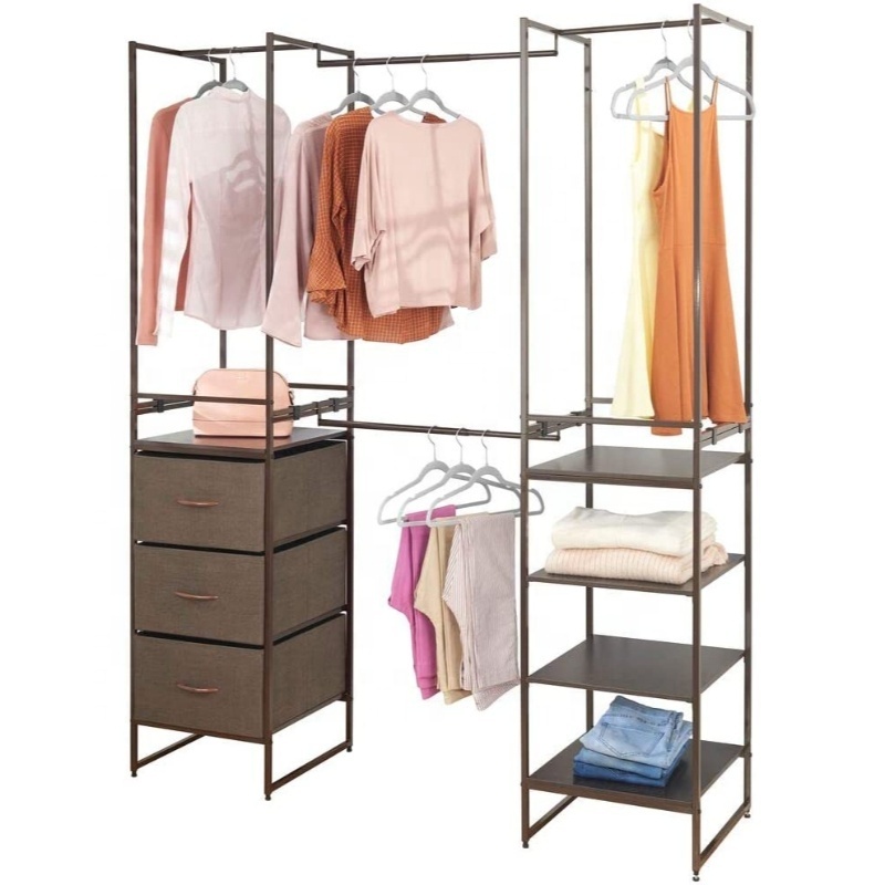 Free-Standing Closet Organizer Clothes Rack with 4 Shelves and Hanging Bar Closet Wardrobe