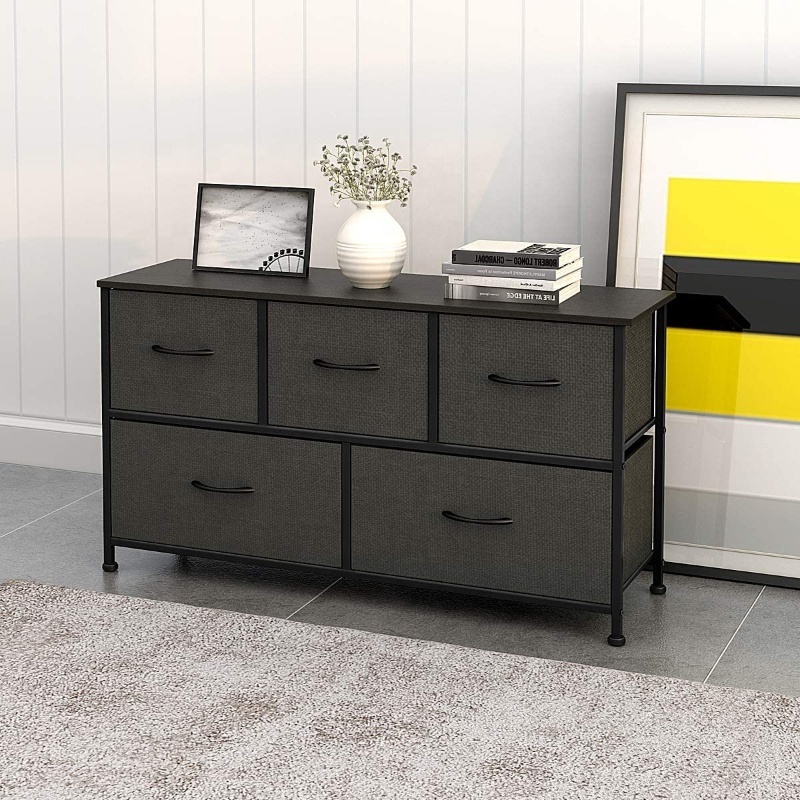 Wide Dresser Storage Tower with 5 Foldable Easy Pull Fabric Bins Organizer Unit Living Room Dresser