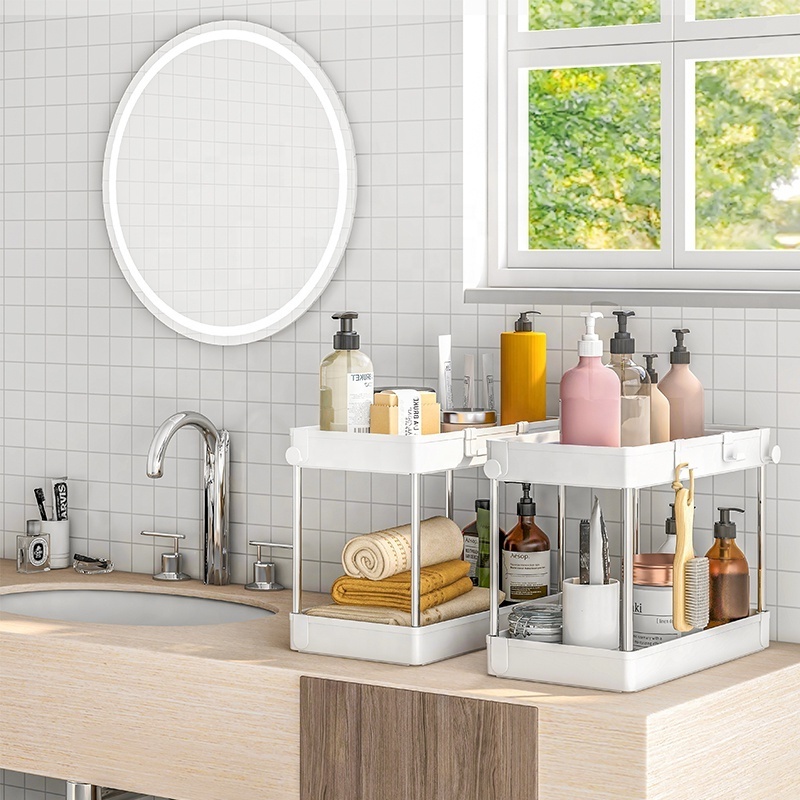 2 Pack Kitchen Bathroom Sink Organizer with Hooks 2 Tier Under Sink Cabinet Basket Storage Shelf with Sliding Drawers