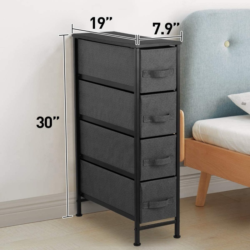 Narrow Dresser Vertical Storage Unit with 4 Fabric Drawers Metal Frame Slim drawer Storage Tower for Living Room