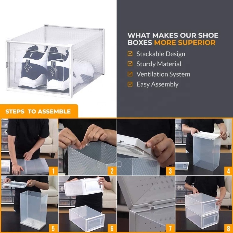 Foldable Shoe Boxes Clear Plastic Stackable Shoe Storage Packaging Men Shoes Boxes