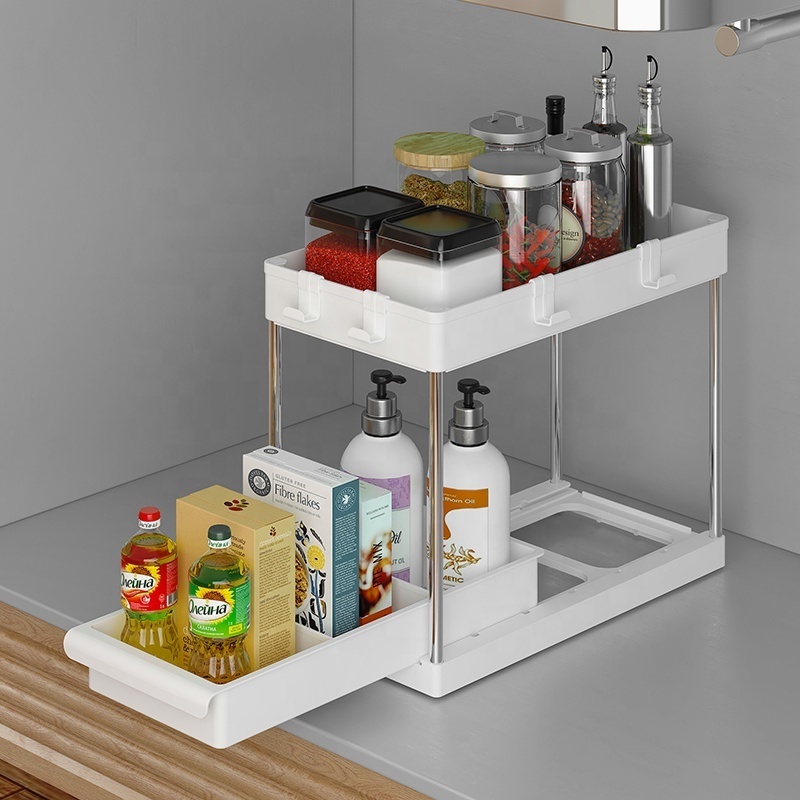 2 Pack Kitchen Bathroom Sink Organizer with Hooks 2 Tier Under Sink Cabinet Basket Storage Shelf with Sliding Drawers