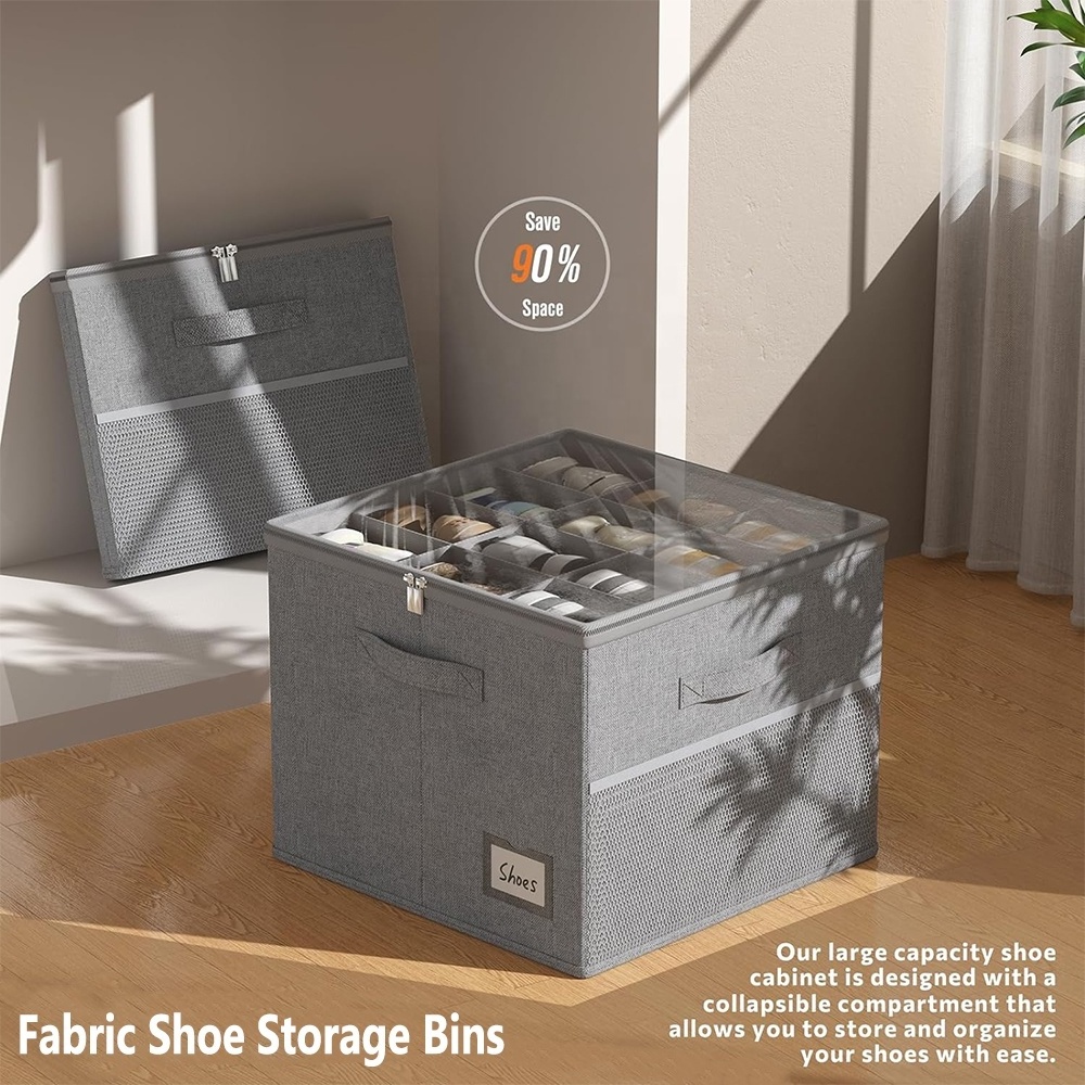 Fabric Shoe Storage Bins Adjustable Dividers Shoe Organizer for Closet with Clear Cover for Shoe Storage