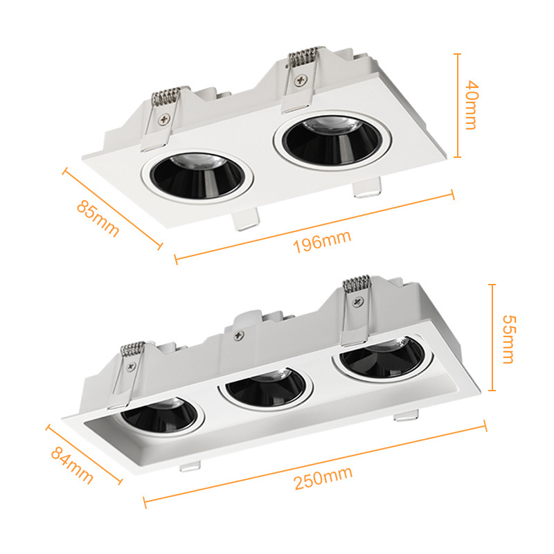 White Black Down Lights Rectangular Square Recessed Spot Light LED Downlight Single Double Triple Heads COB Ceiling Downlight