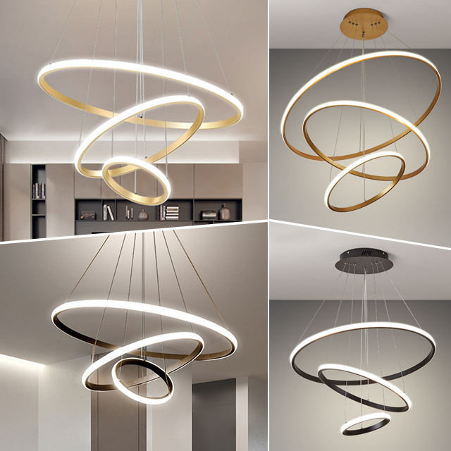 New Design Modern Round Hanging Lighting Decorative Circle Ring Acrylic Gold Luxury LED Chandeliers Ceiling Pendant Lights