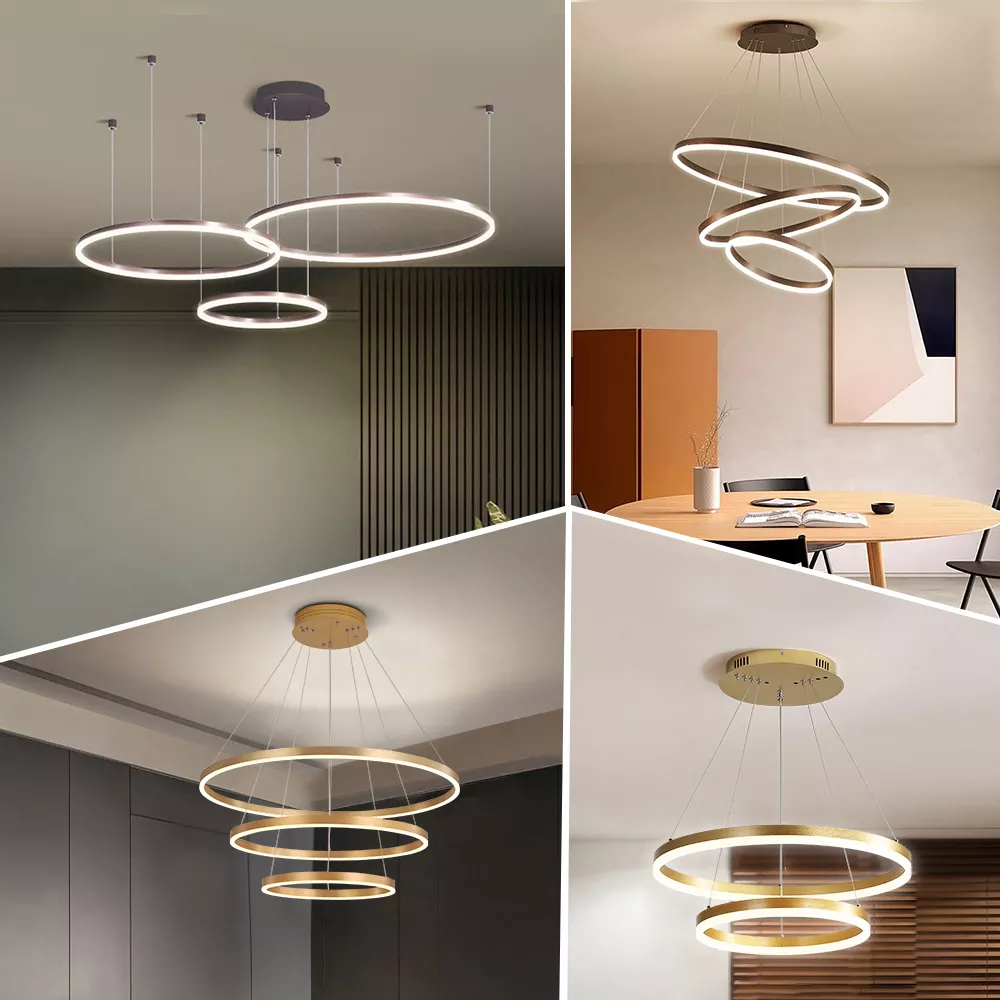 New Design Modern Round Hanging Lighting Decorative Circle Ring Acrylic Gold Luxury LED Chandeliers Ceiling Pendant Lights