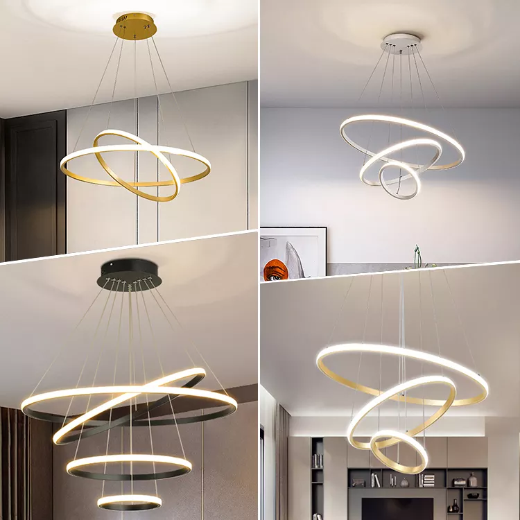 New Design Modern Round Hanging Lighting Decorative Circle Ring Acrylic Gold Luxury LED Chandeliers Ceiling Pendant Lights