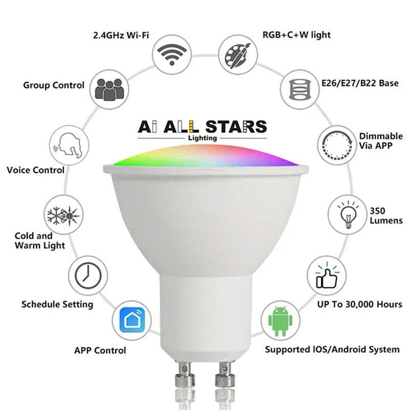 Tuya Wifi LED Spot Light Bulb 5W Gu10 Tuya Wifi Smart Light Bulb RGB+CCT Gu10 Smart Bulb