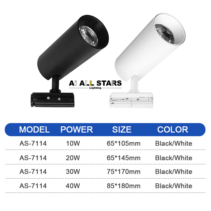 3 Wires Track Adapter 20w 30w 40w Aluminum Cob Led Track Light 3000K 4000K 6000K 3CCT Dimmable LED Track Spot Lights