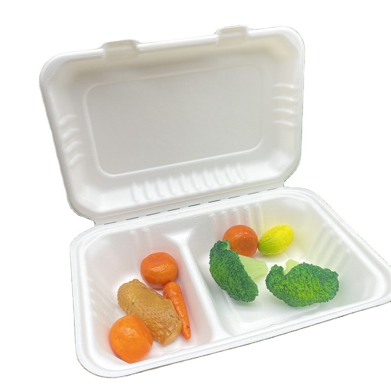 Biodegradable Bagasse Pulp Molding Take Away Bento Clamshell Lunch Boxes 2 compartment