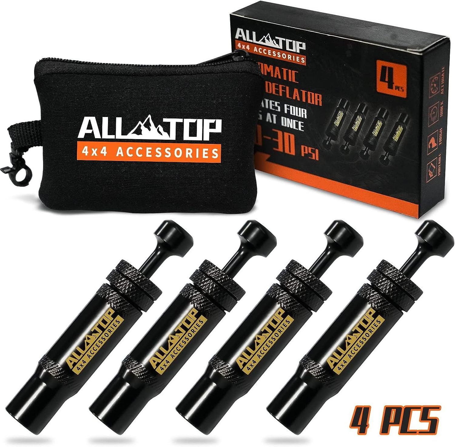 ALL-TOP Adjustable Auto-Stop Tire Deflator Valve Kit (10-30 PSI) 4 PCS Screw-on Tire Gauge