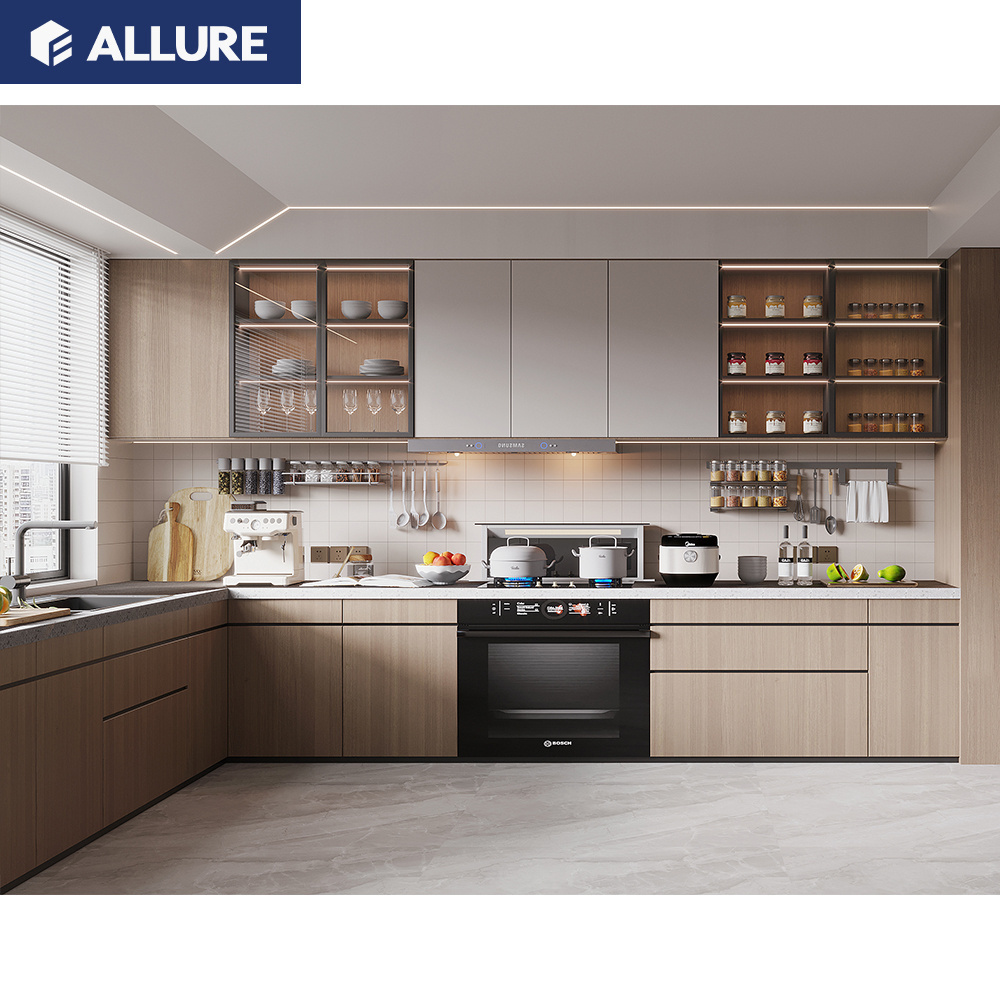 Allure Kitchen Furniture Modern Style Matte Black Melamine Smart Kitchen Cabinets With Appliances