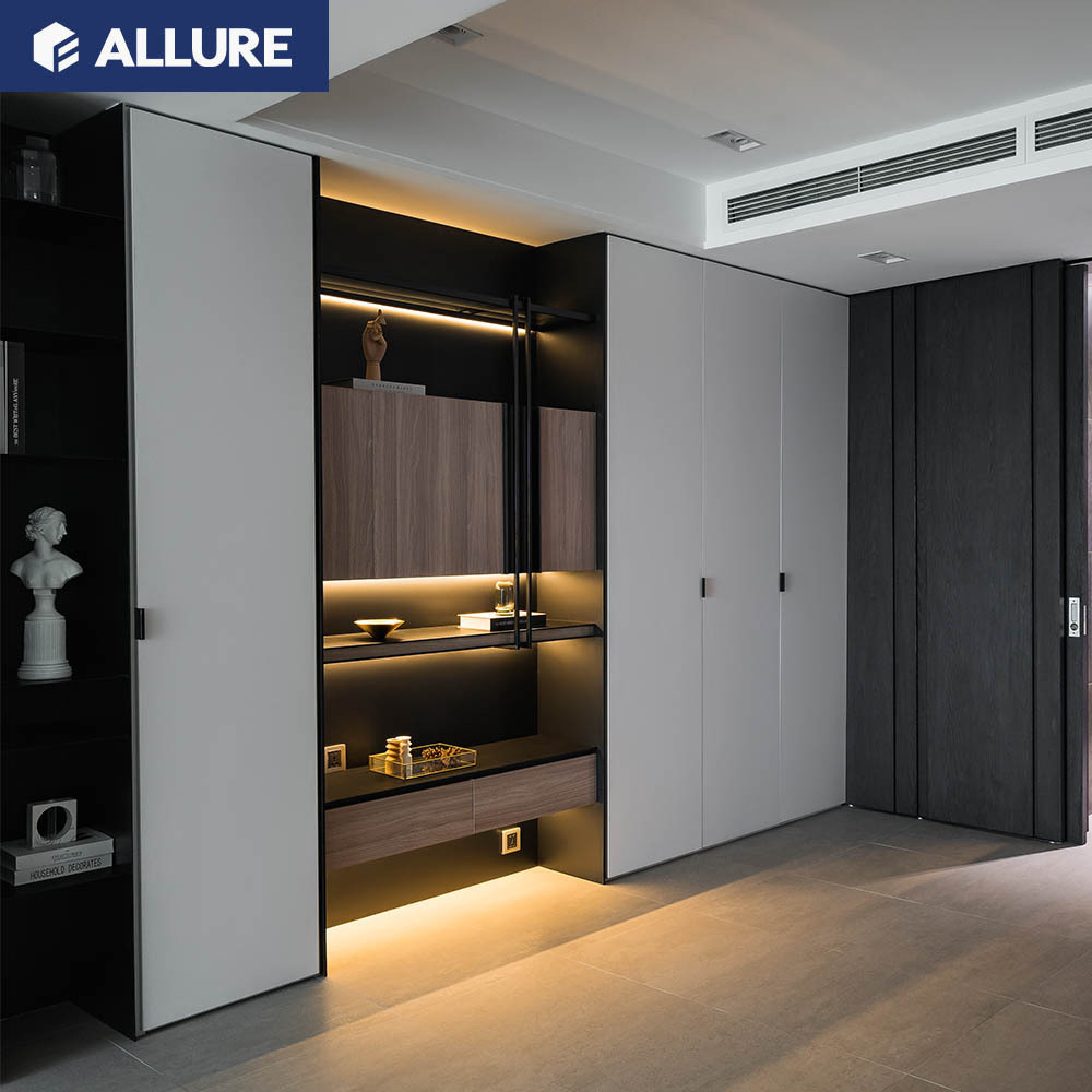 Allure wooden closet movable cloth fitting smart sliding door wardrobe cabinet bed design