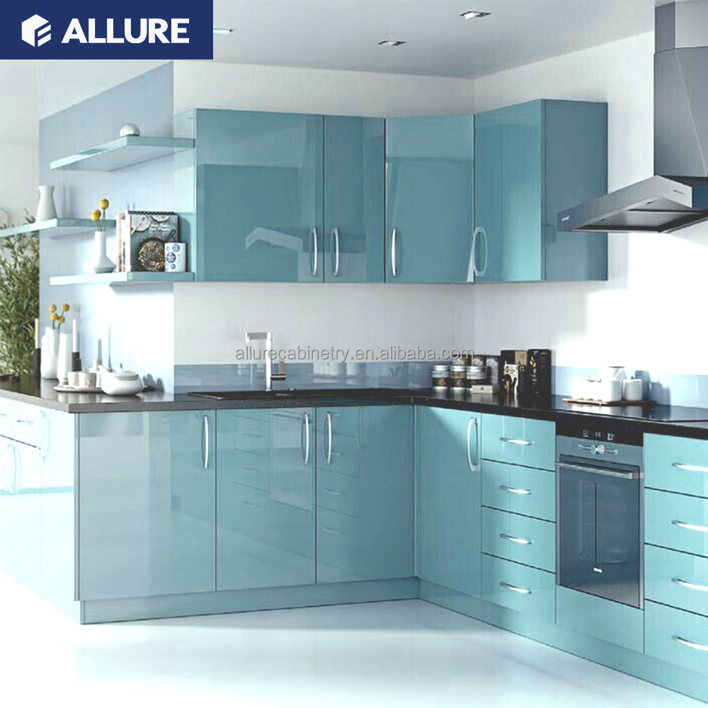 Australia style sky sea blue color kitchen design high gloss APP wholesale kitchen cabinets ready to assemble modern designs