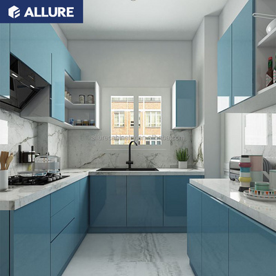 Australia style sky sea blue color kitchen design high gloss APP wholesale kitchen cabinets ready to assemble modern designs