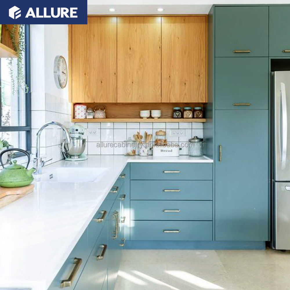 Australia style sky sea blue color kitchen design high gloss APP wholesale kitchen cabinets ready to assemble modern designs