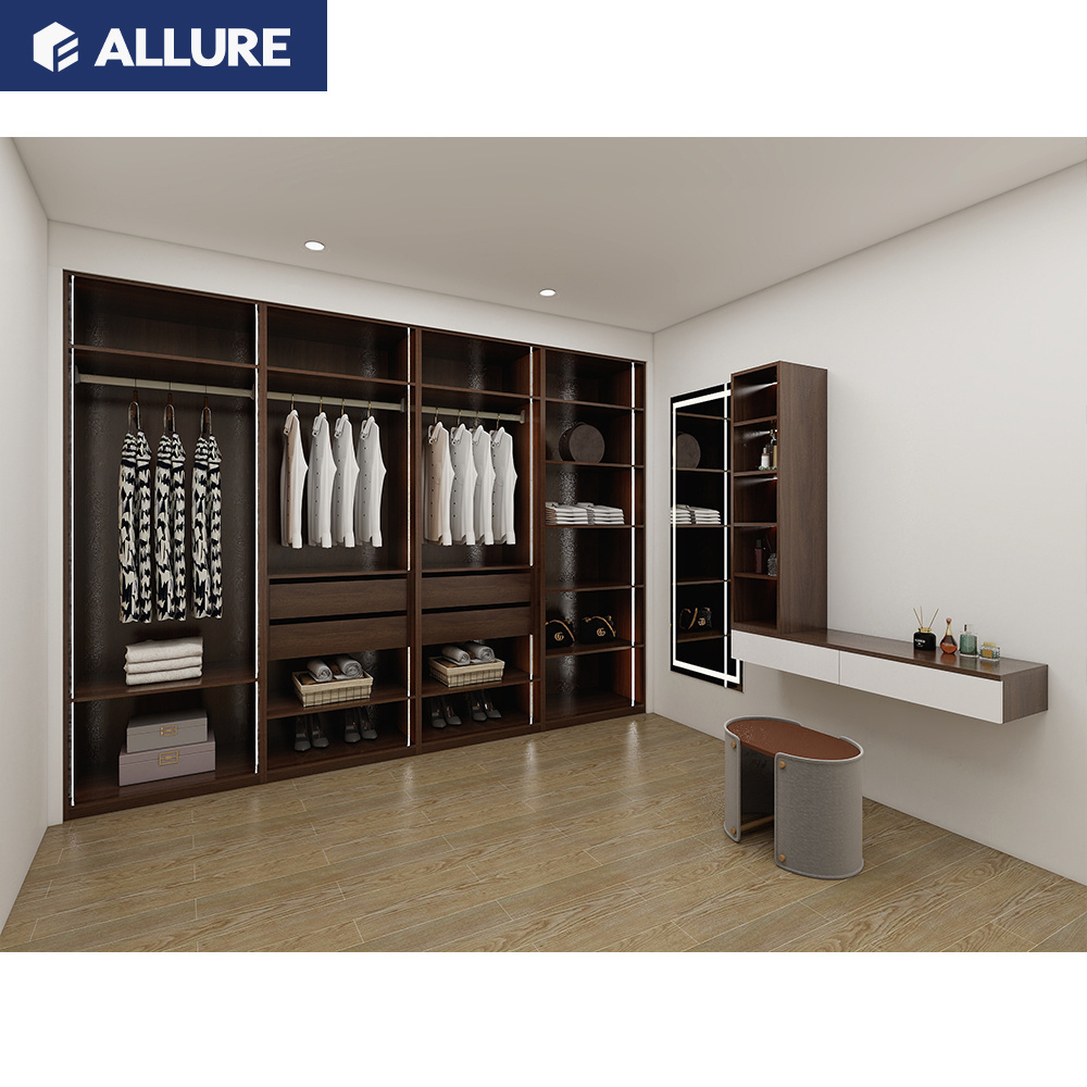 Allure Latest Design Melamine Mdf Wooden Bedroom Colors Combination Wooden Women's Clothing Wardrobe with Mirror