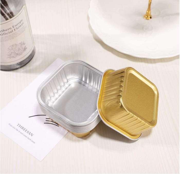 10 Oz Gold Aluminum Foil Container Smoothwall Foil Trays Disposable Square Aluminum Foil Cake Muffin Baking Cups/Pans With Lid