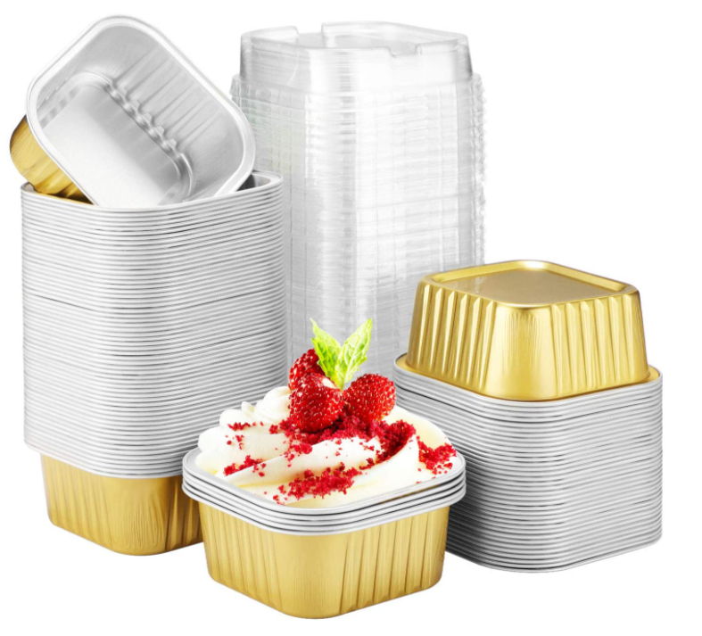 10 Oz Gold Aluminum Foil Container Smoothwall Foil Trays Disposable Square Aluminum Foil Cake Muffin Baking Cups/Pans With Lid