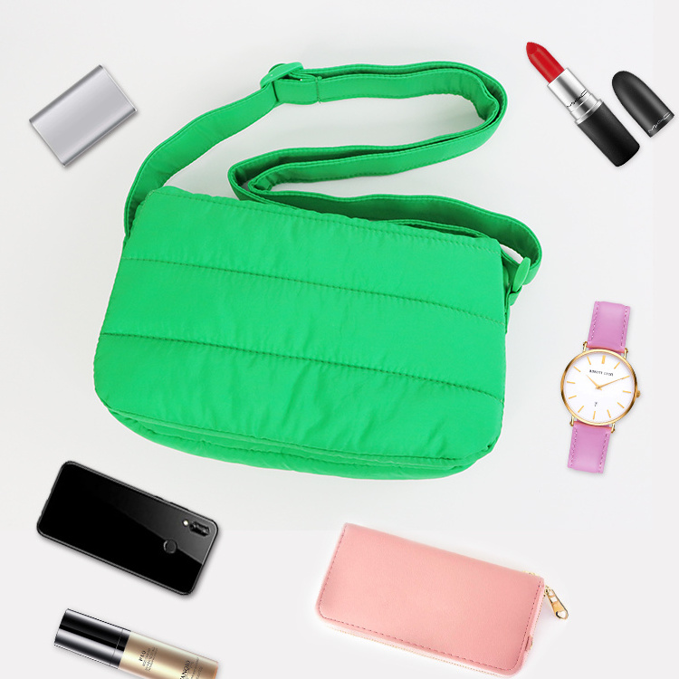 Women Custom Mini Plain Green Puffy Down Shoulder Crossbody Tote Nylon Quilted Puffer Sling Bag