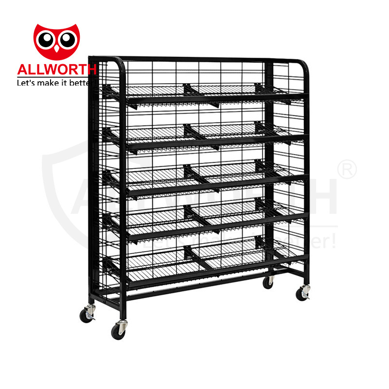 Round Metal Pegboard Wheel Cart Metal Floor Standing Display Rack With Hangers