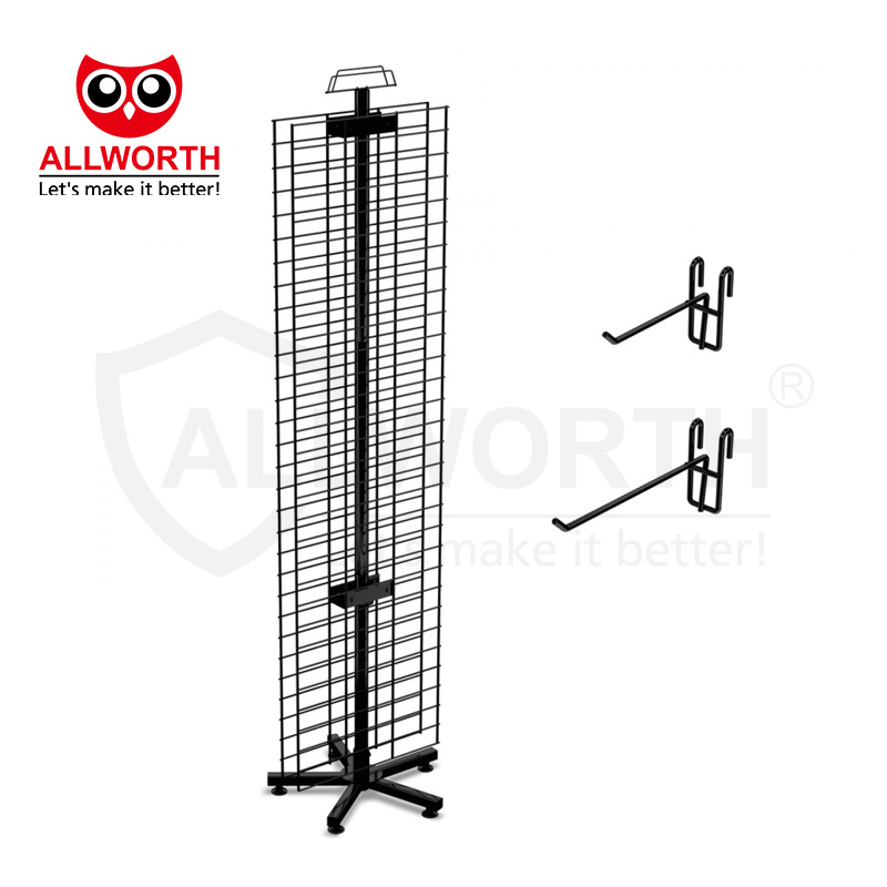 Round Metal Pegboard Wheel Cart Metal Floor Standing Display Rack With Hangers