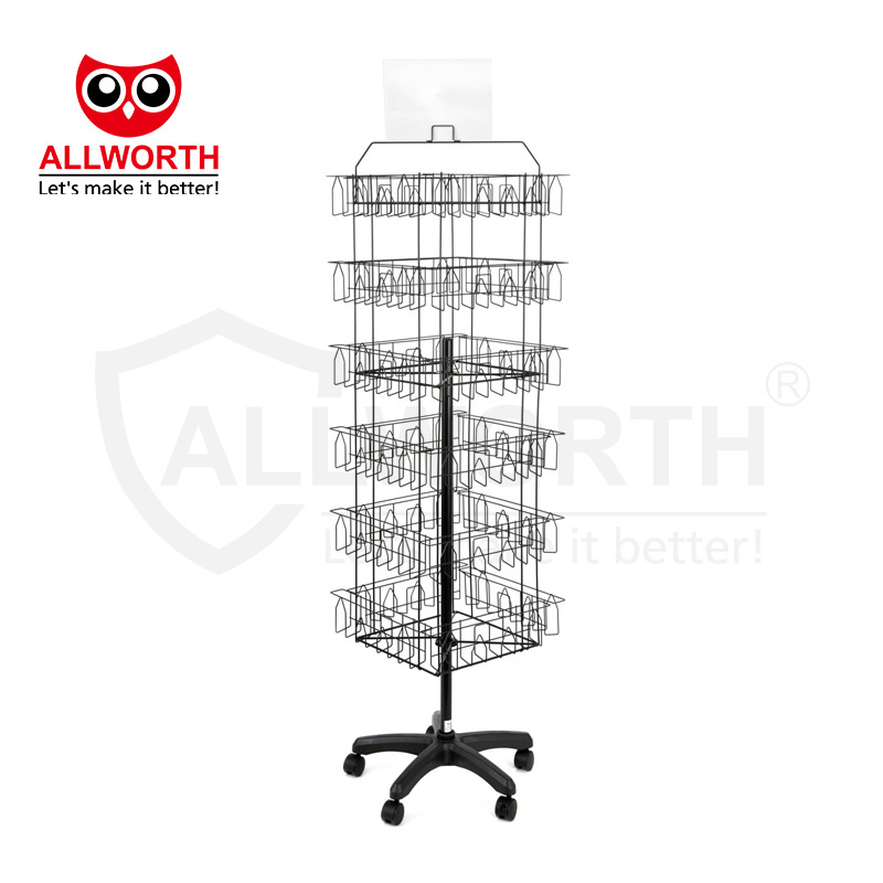 Round Metal Pegboard Wheel Cart Metal Floor Standing Display Rack With Hangers