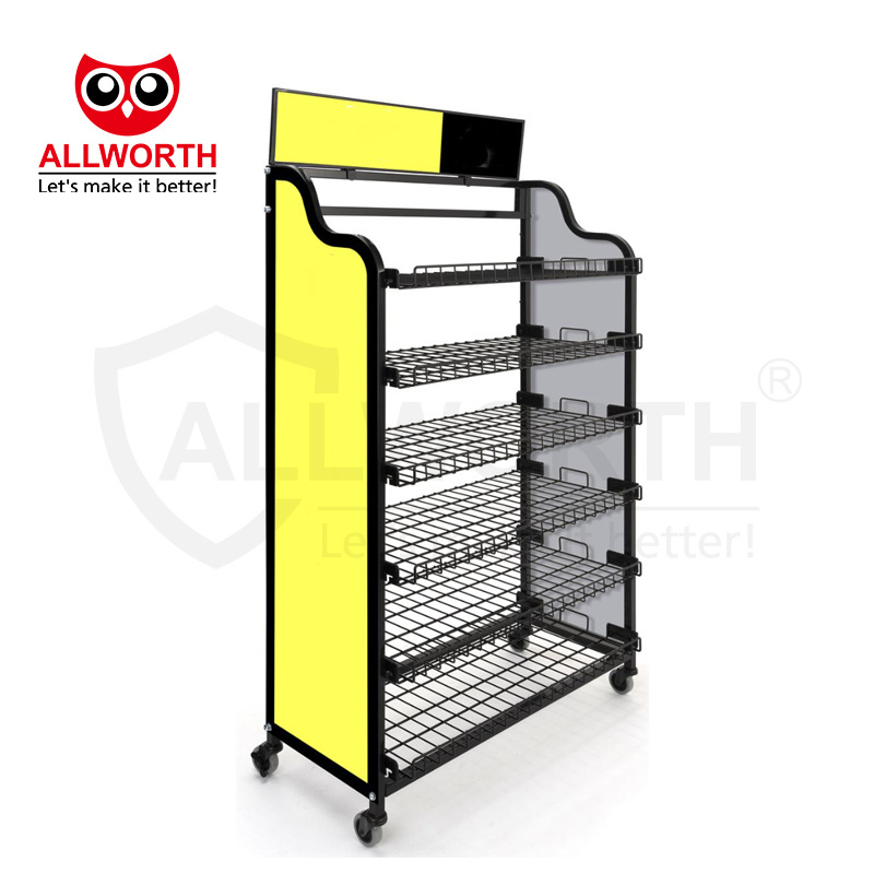 Spicy Food Beverage Display Wooden Metallic Utility Movable Display Racks Promotion Shelves