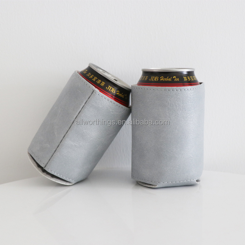 Custom Logo PU Leather Foam Stubby Holder Beer Can Cooler Sleeve