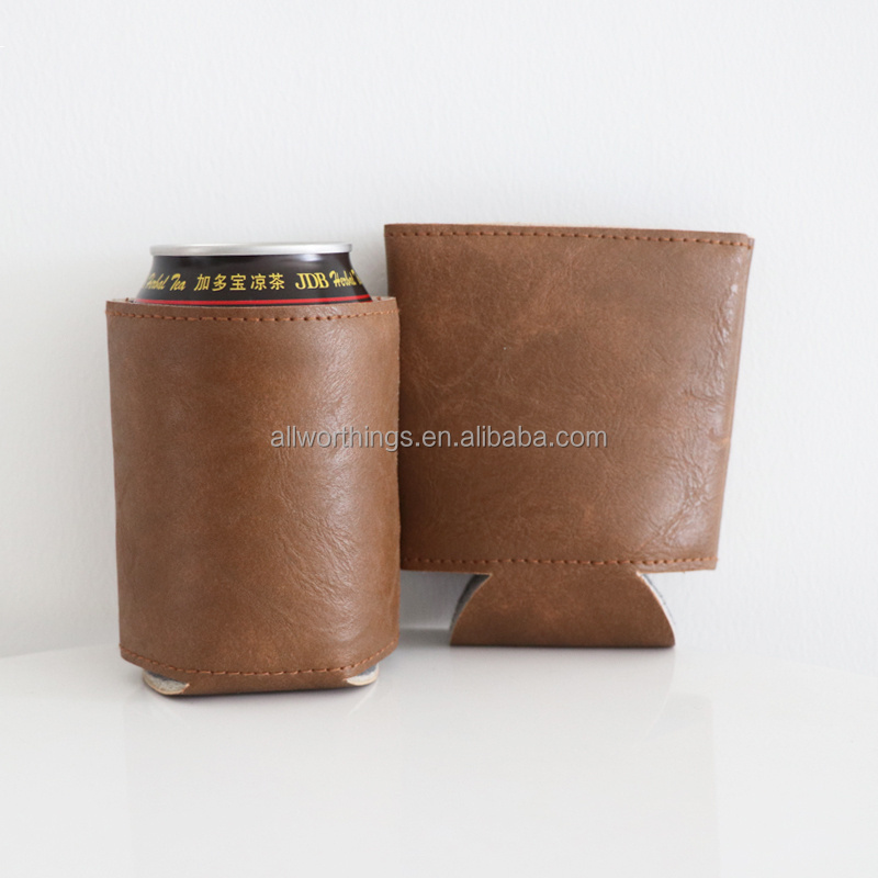 Custom Logo PU Leather Foam Stubby Holder Beer Can Cooler Sleeve