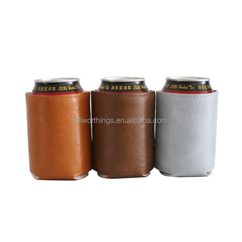 Custom Logo PU Leather Foam Stubby Holder Beer Can Cooler Sleeve