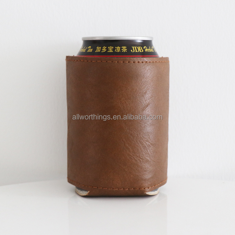 Custom Logo PU Leather Foam Stubby Holder Beer Can Cooler Sleeve