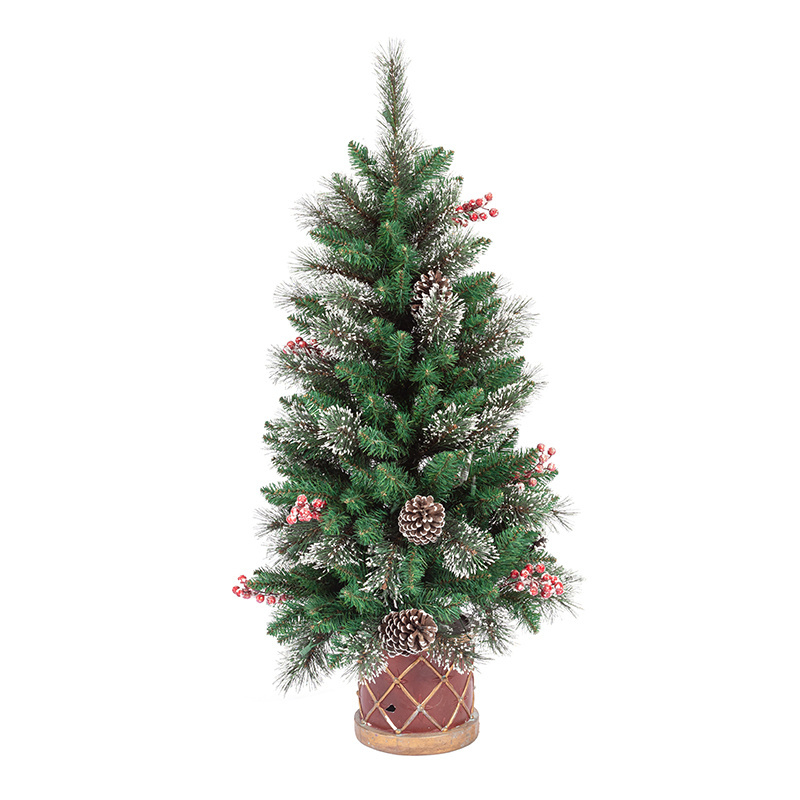 2024 60CM Artificial PVC Festive Red Berry Pinecone Balls Decoration Mini Potted Christmas Tree with Burlap Base